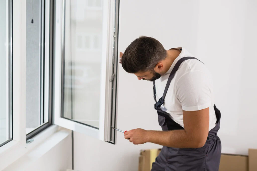 Window Installation Companies - worker fixing pvc windows indoor